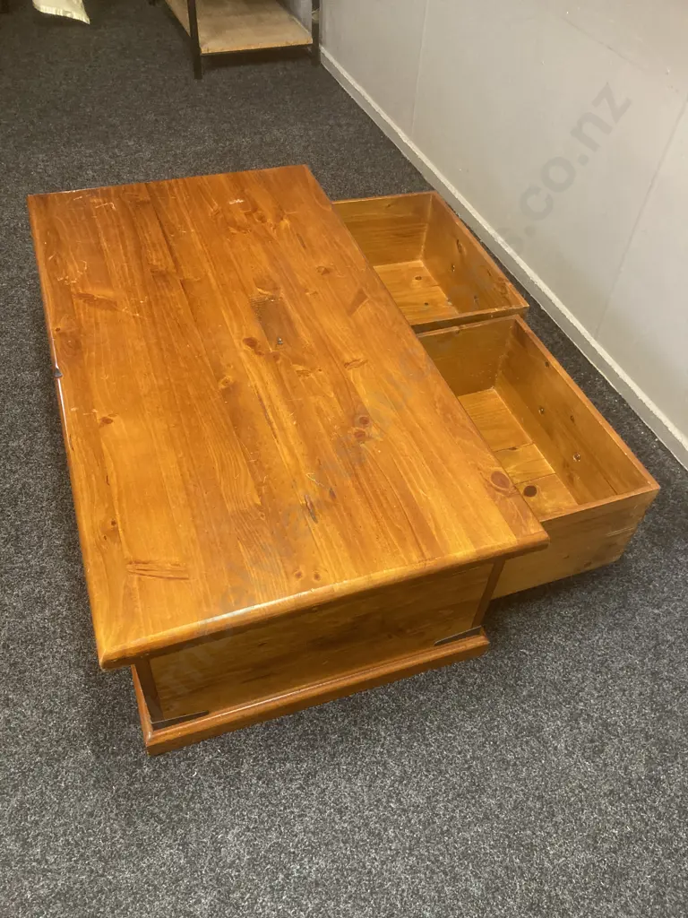 Pine Coffee Table, 2 Drawers With Access Both Sides, Steel Handles & Steel Straps On Corners. H40 W127 D70cm Image 1++